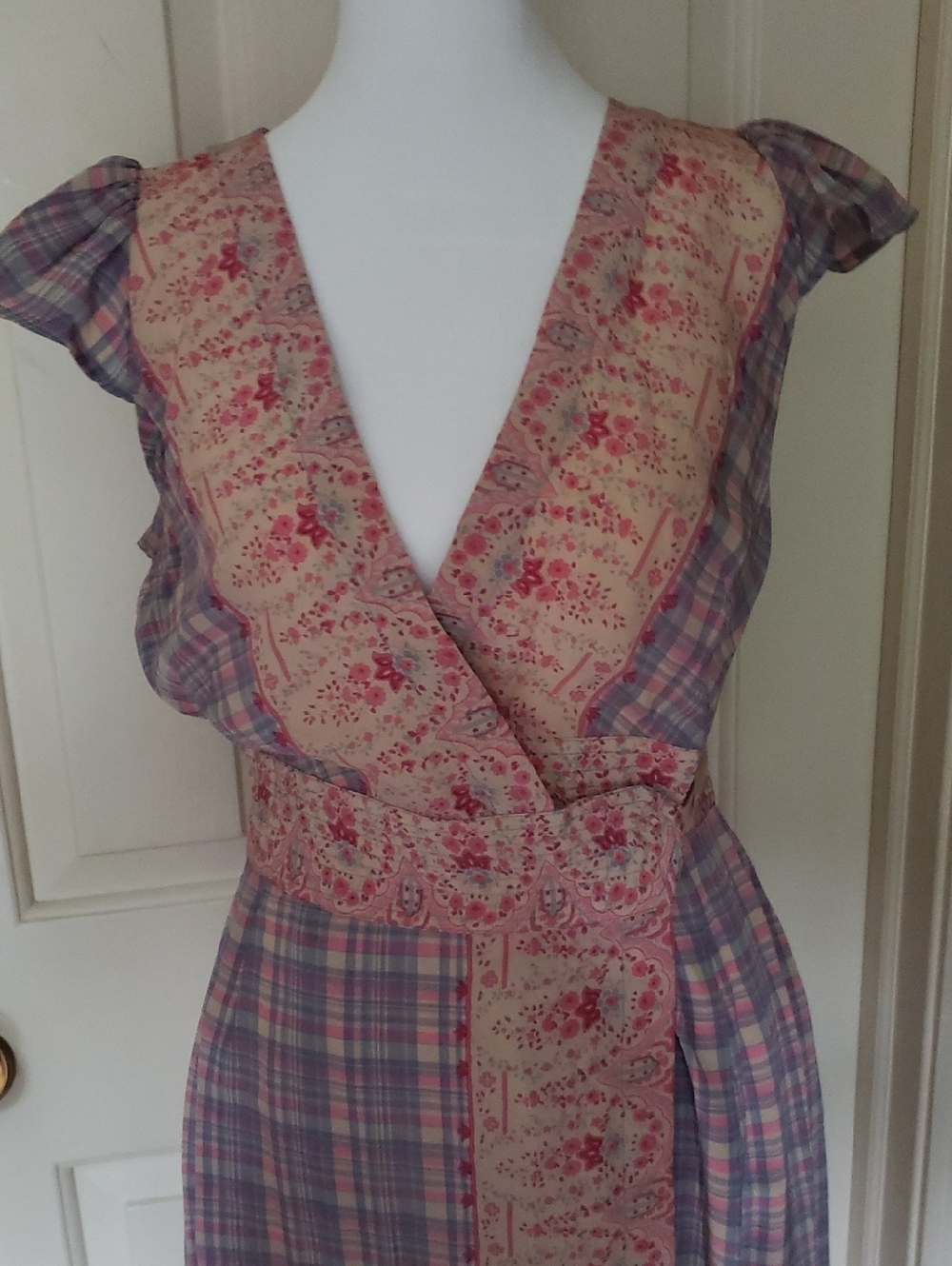 Plenty By Tracy Reese Floral & Plaid Midi Wrap Dress 100% Silk. Romantic Size 8 - Picture 2 of 11